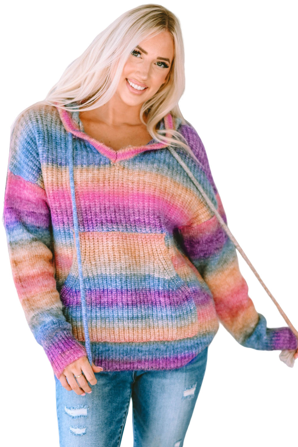 Multicolor Ombre Kangaroo Pocket Hooded Sweater