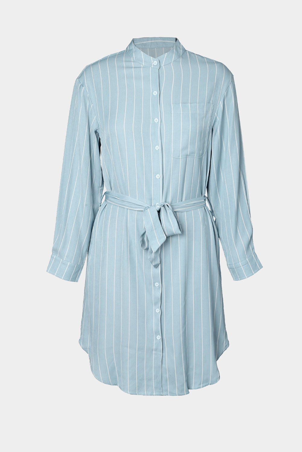 Sky Blue Striped Shirt Midi Dress with Sash