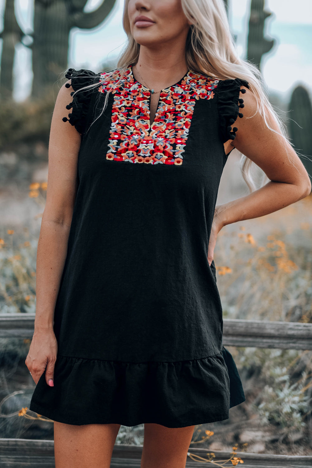 Black Boho Print Pompom Sleeve Shift Dress