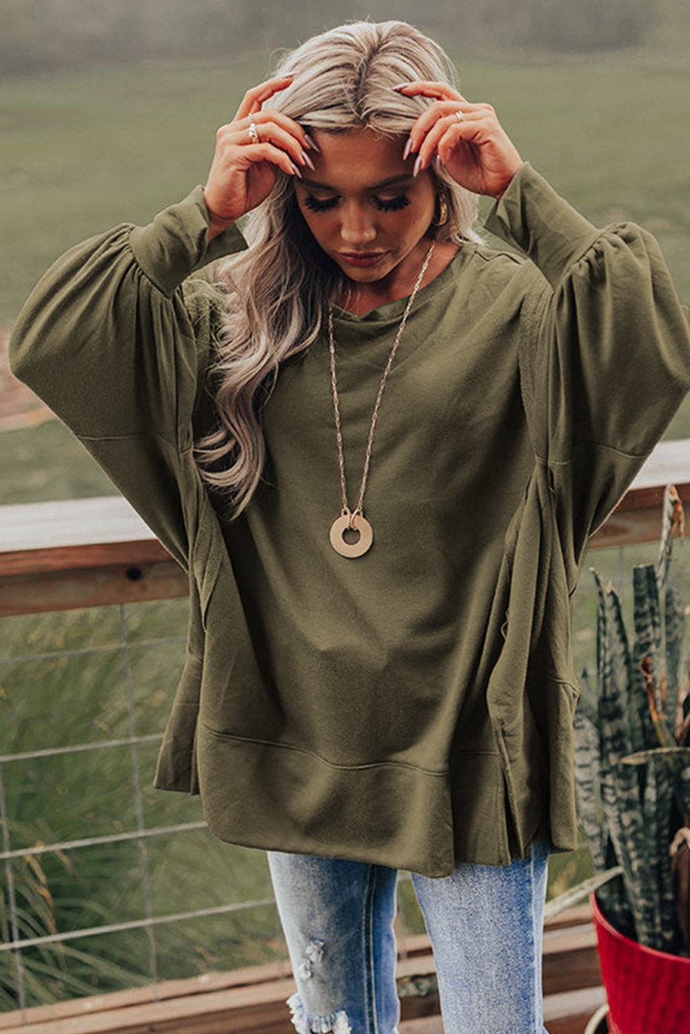 Green Patchwork Drop Shoulder Oversized Top