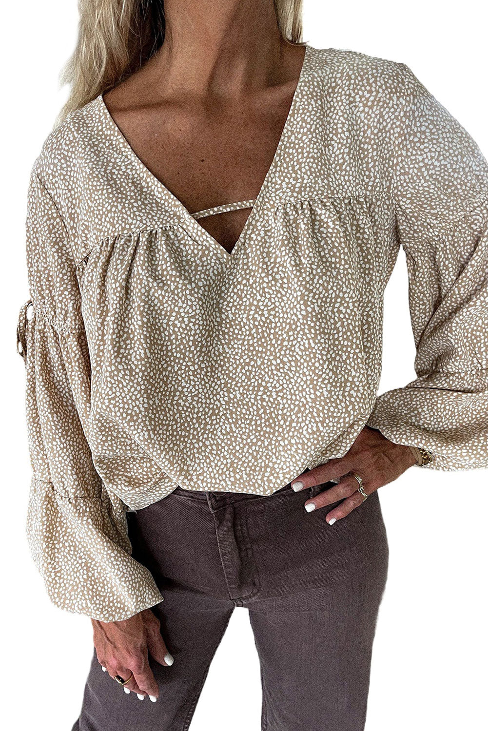 Khaki V Neck Bow Tie Bubble Sleeve Blouse