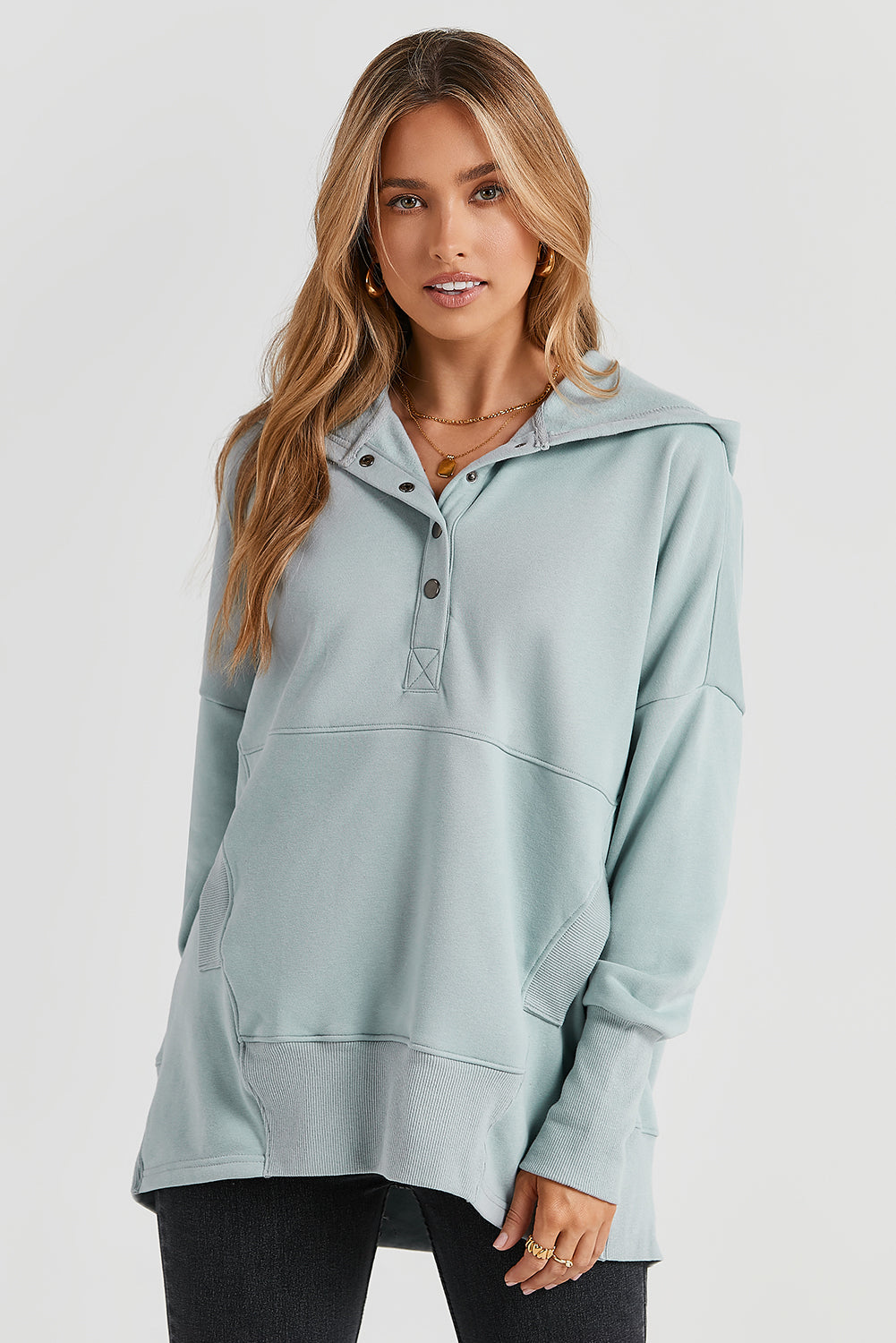 Turquoise Batwing Sleeve Pocketed Henley Hoodie