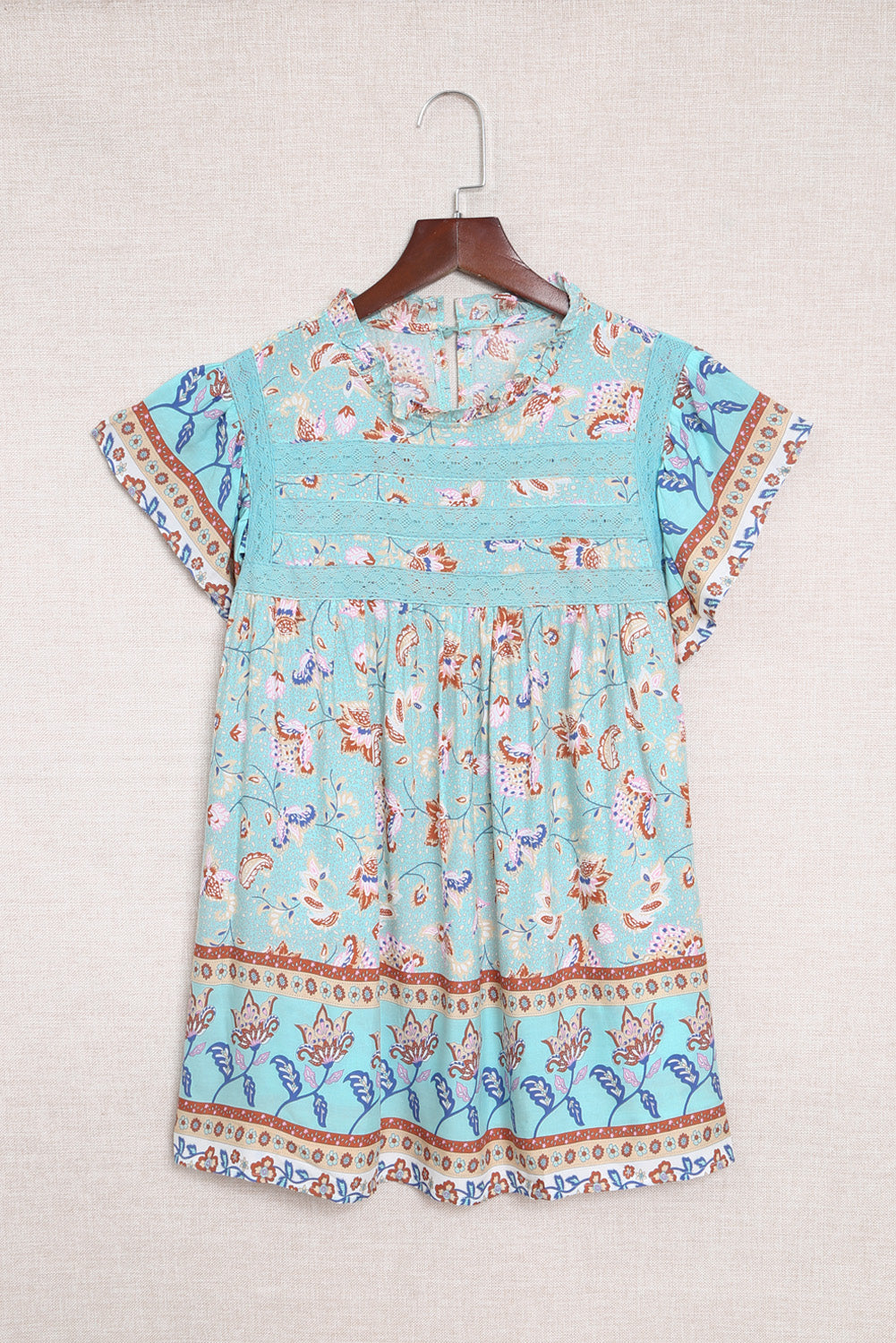 Sky Blue Floral Print Ruffled Crew Neck Sleeveless Top