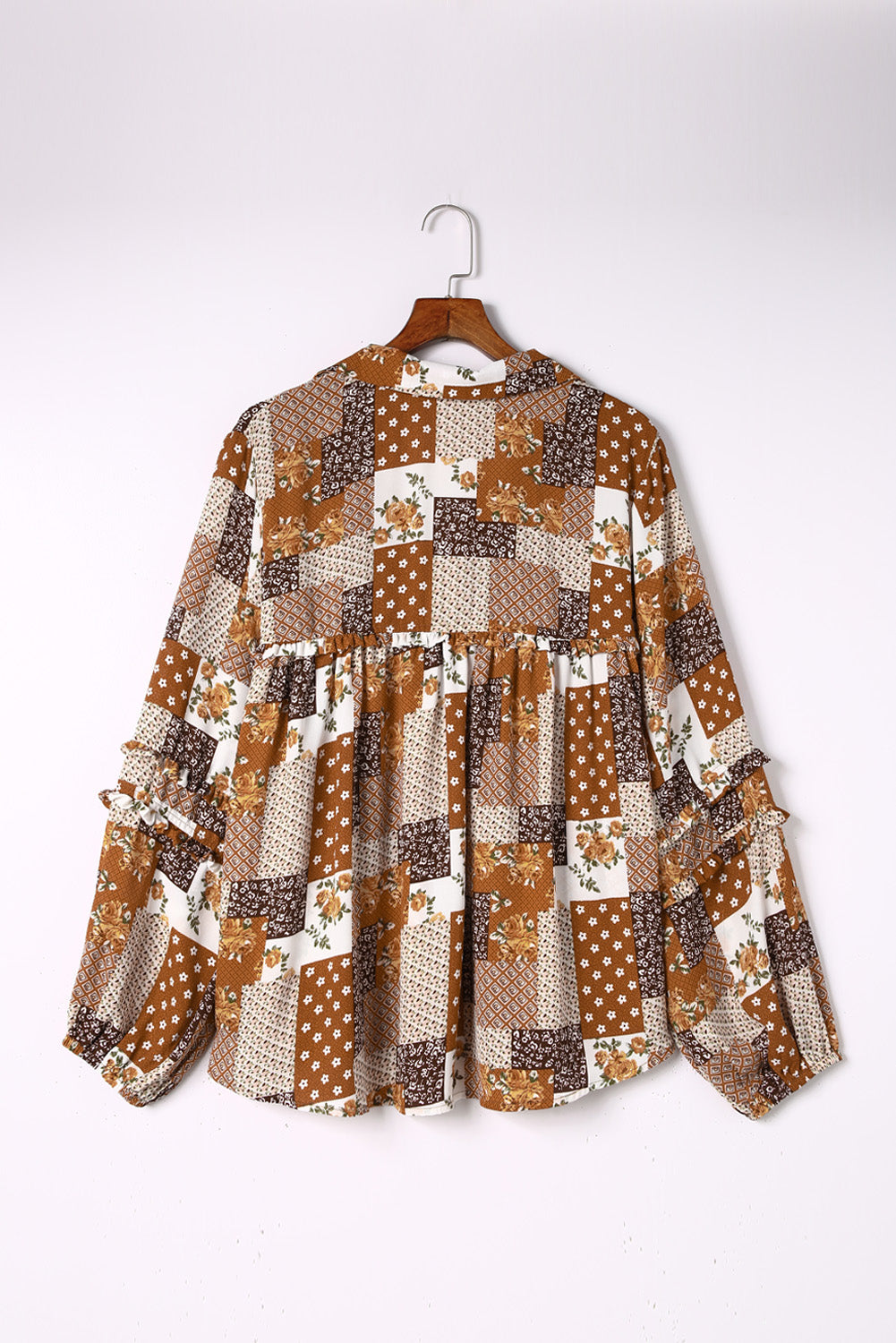 Apricot Turn-down Neck Mixed Print Plus Size Shirt