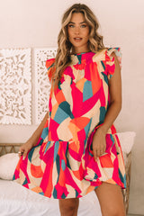 Red Abstract Geometric Print Flutter Sleeve Babydoll Dress
