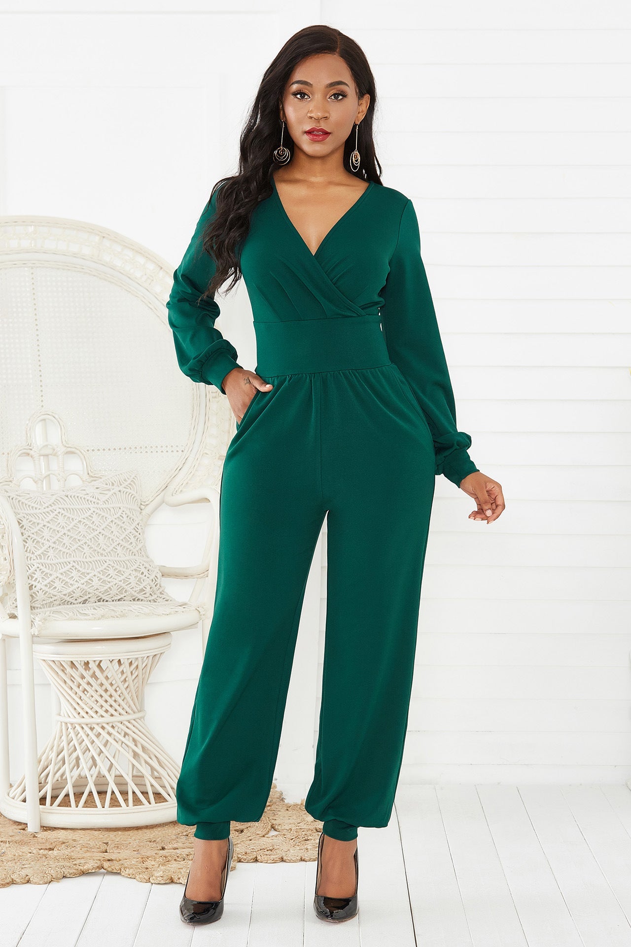 Autumn Winter Women Clothing Sexy V Neck Lantern Sleeve Long Sleeve Wide Leg Jumpsuit