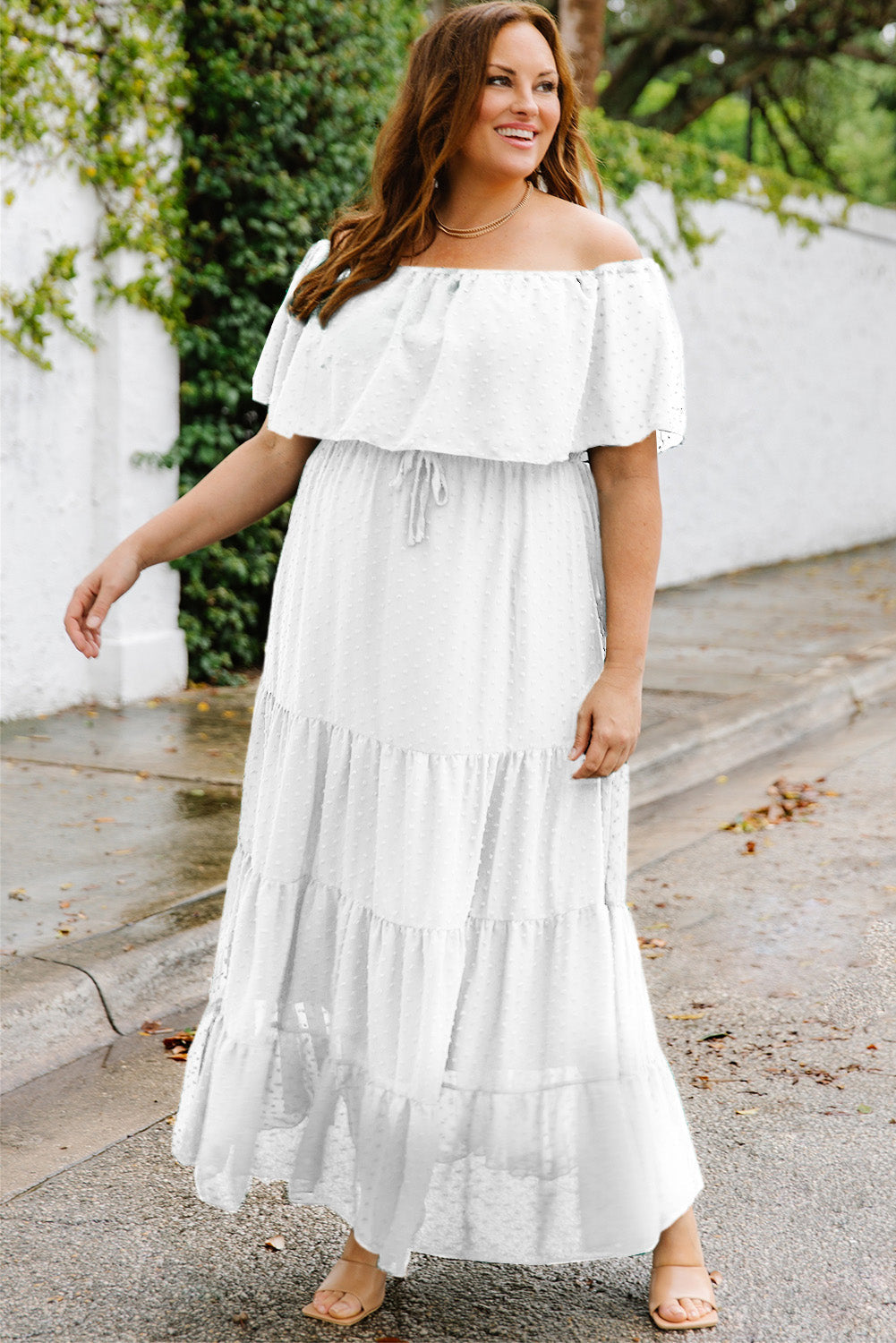 White Swiss Dot Plus Size Ruffle Tiered Maxi Dress