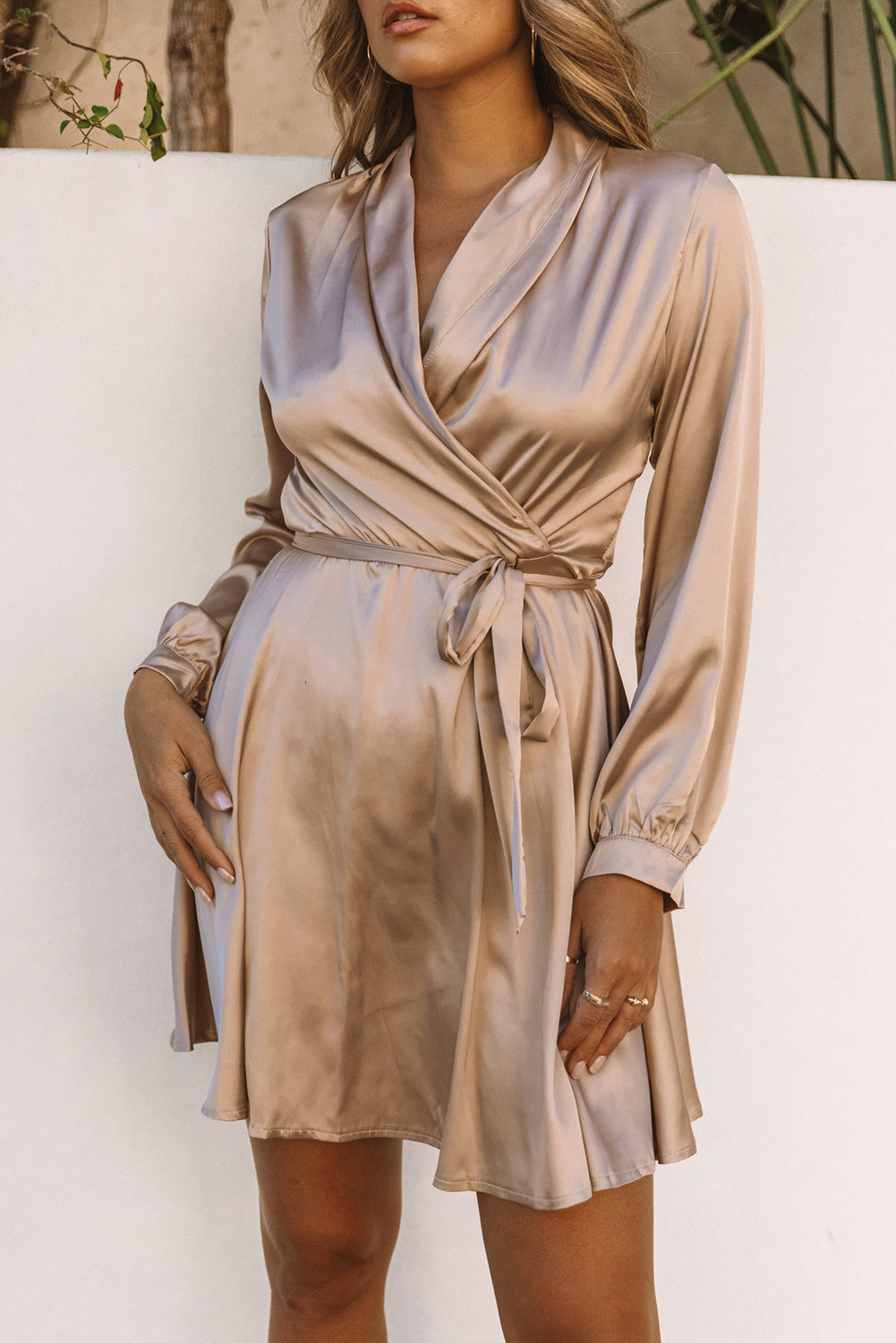 Apricot Satin V Neck Wrap Long Sleeve Dress with Tie