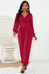 Autumn Winter Women Clothing Sexy V Neck Lantern Sleeve Long Sleeve Wide Leg Jumpsuit