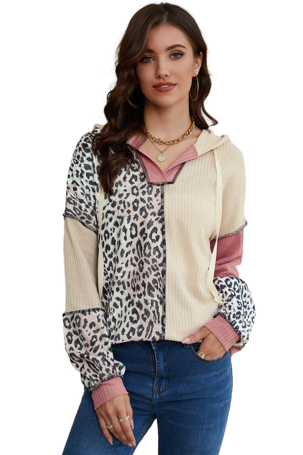Leopard Colorblock Patchwork Waffle Knit Hoodie