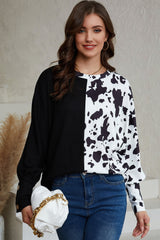 Black Cow Patchwork Waffle Knit Long Sleeve Top