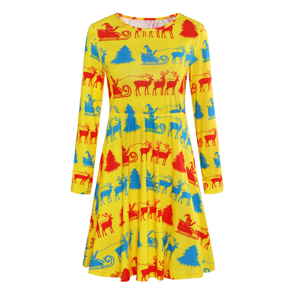 Autumn Winter Christmas Clothing Printed Long Sleeved Women  Dress Christmas