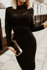 Black High Neck Lace Midi Dress