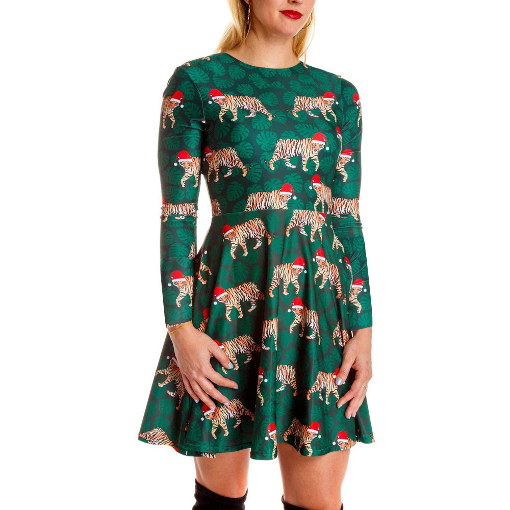 Autumn Winter Christmas Clothing Printed Long Sleeved Women  Dress Christmas