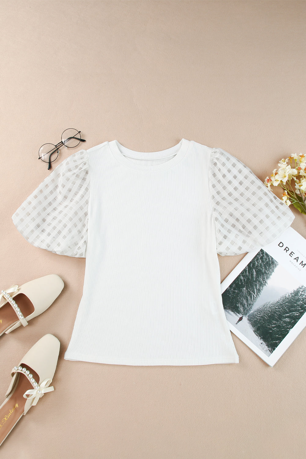 White Checkered Puff Sleeve Ribbed Knit Top