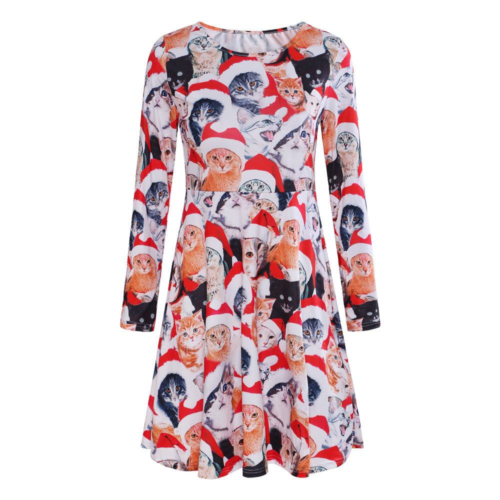 Autumn Winter Christmas Clothing Printed Long Sleeved Women  Dress Christmas