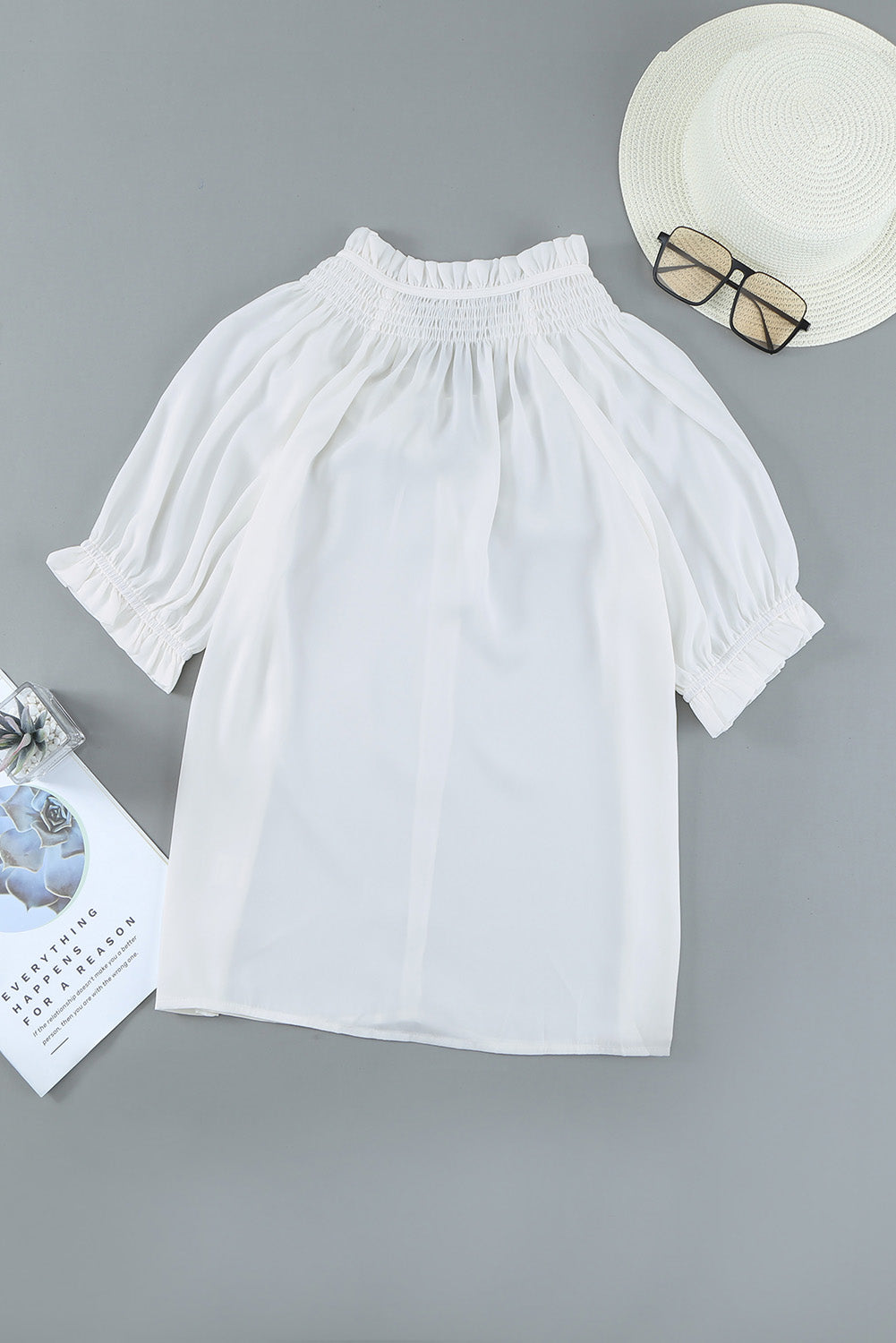 White Split Frill Neck Puff Sleeve Blouse