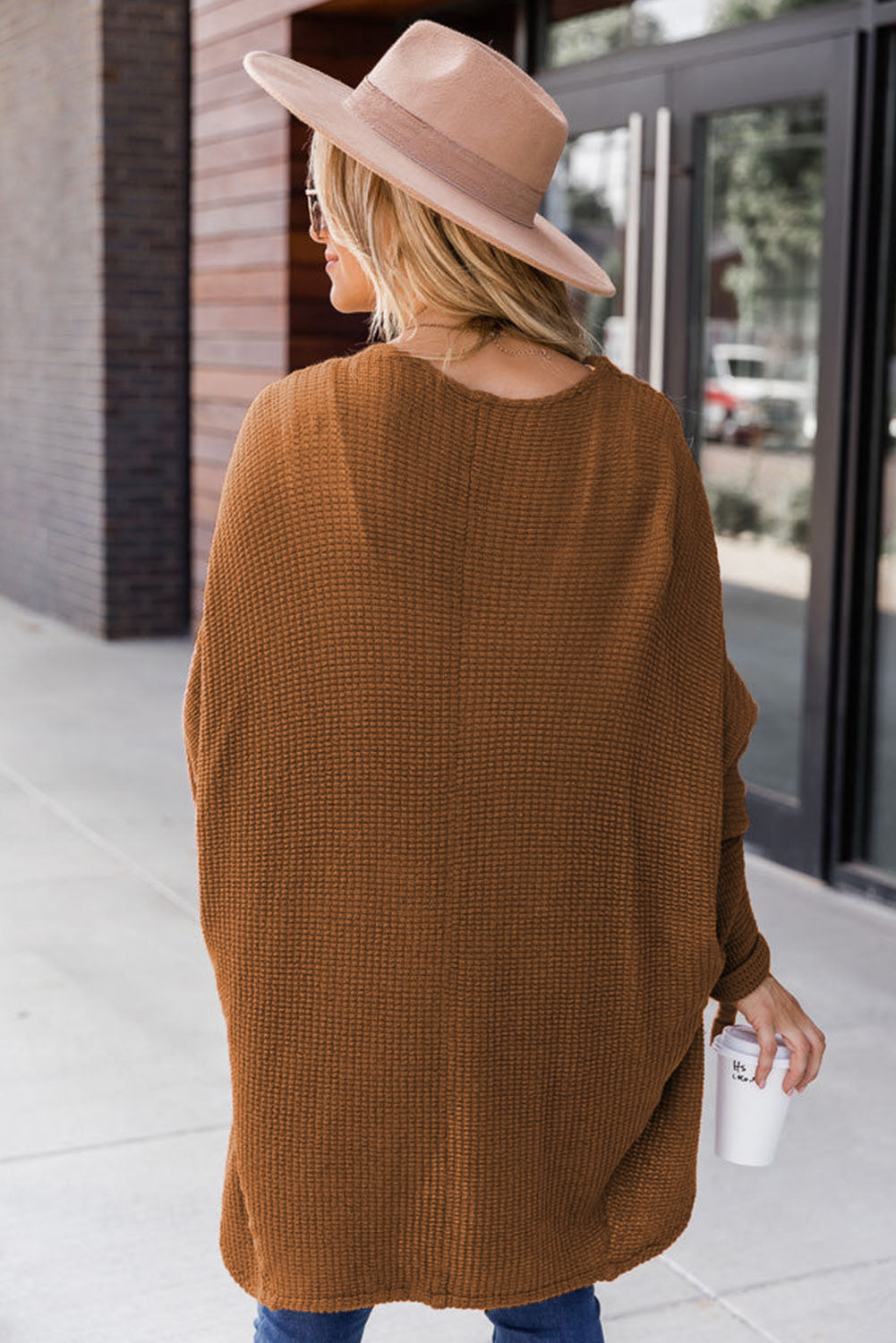 Brown Waffle Knit Open Front Rounded Hem Cardigan