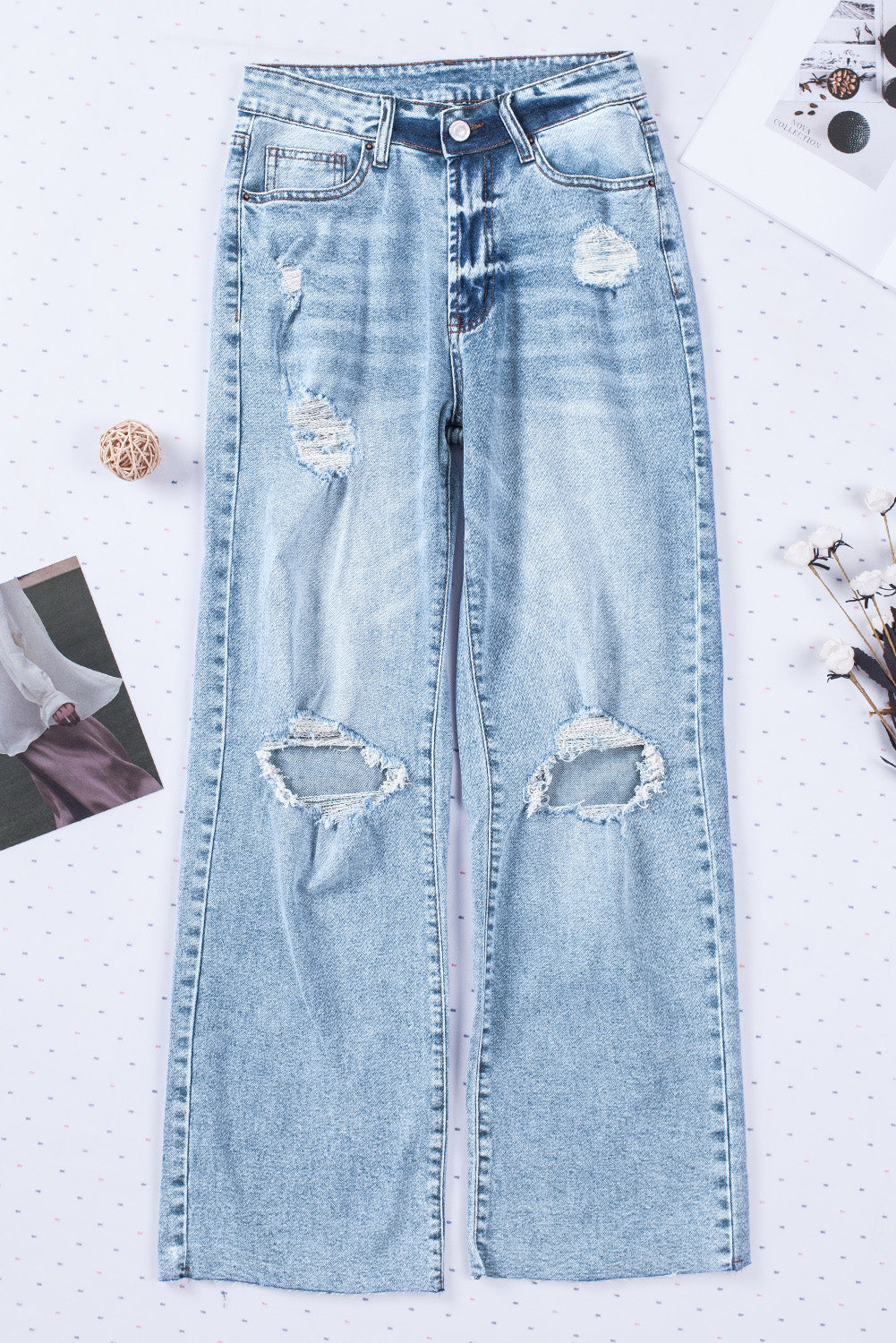 Sky Blue Distressed Hollow-out Knees Wide Leg Jeans