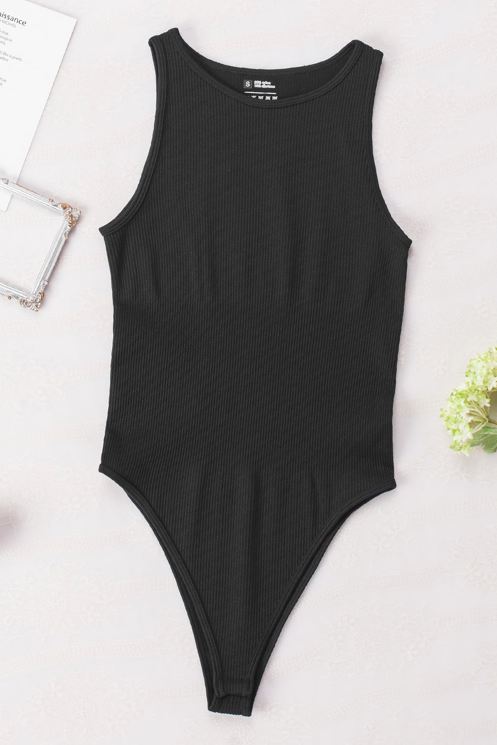 Black Solid Color Ribbed Sleeveless Sport Romper