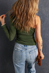 Green One Sleeve Cutout Ribbed Knit Top