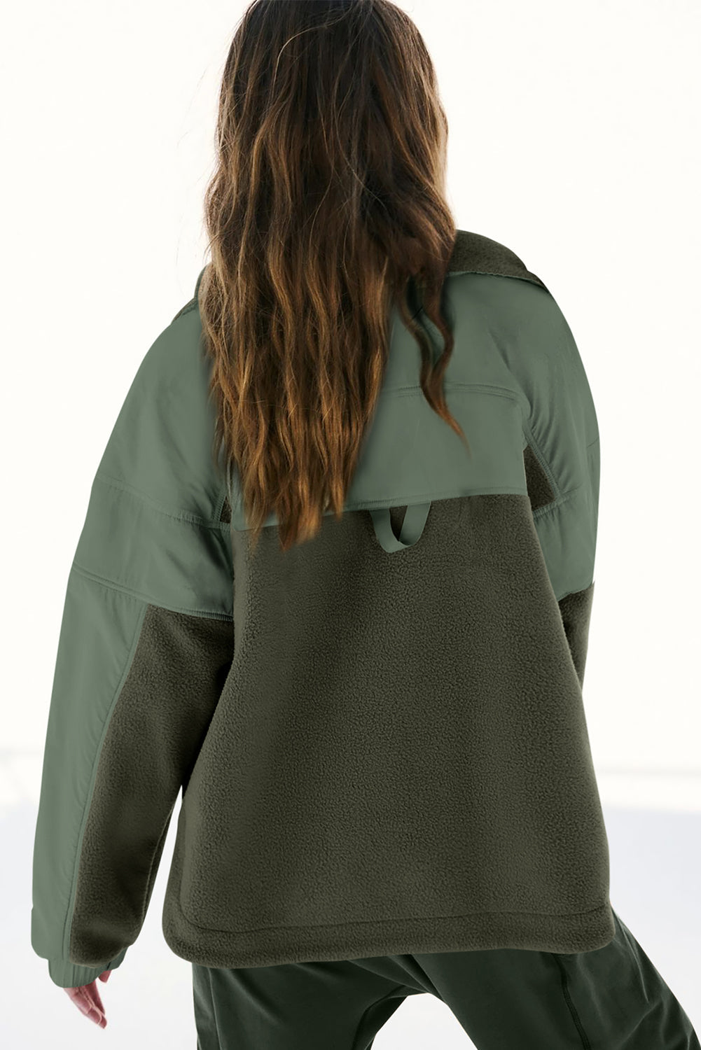 Brown Fleece Patchwork Color Block Zip Funnel Neck Sweatshirt