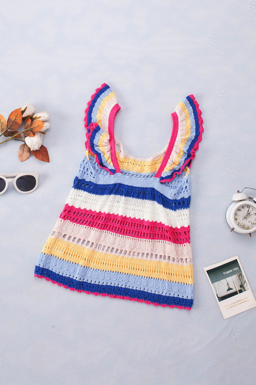 Multicolor Stripe Square Neck Crochet Knit Crop Tank Top