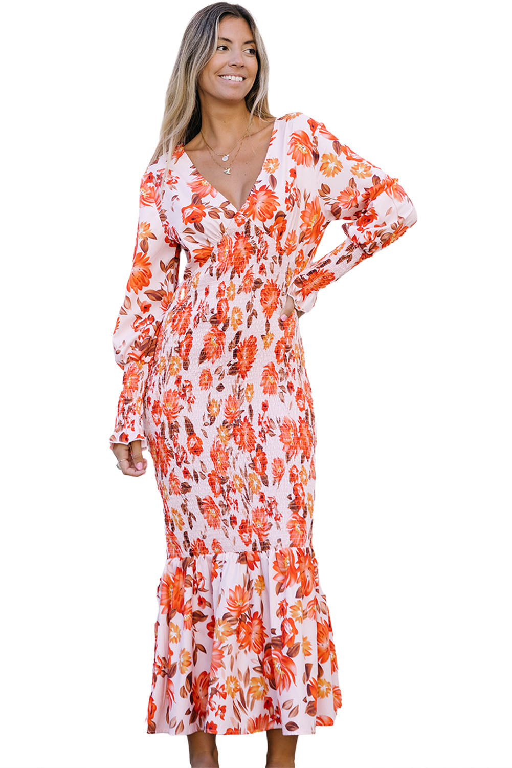 Orange Floral Print Shirred Fit and Flare Deep V Neck Midi Dress