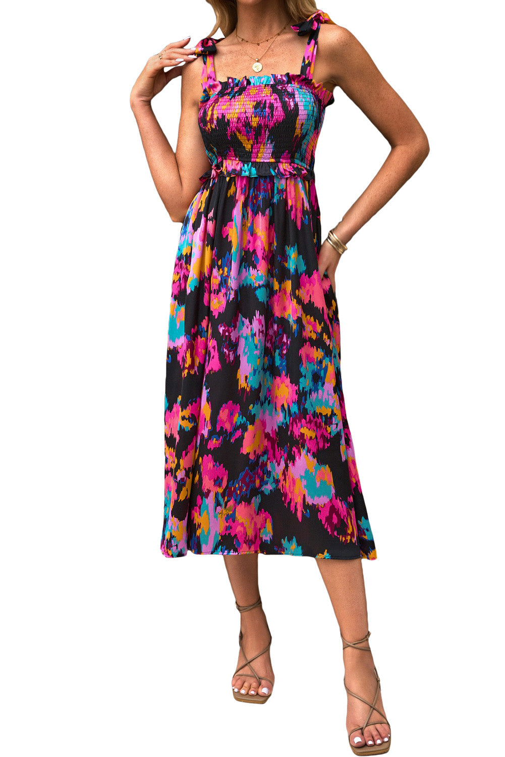 Black Smocked Tie-dye Print Midi Dress