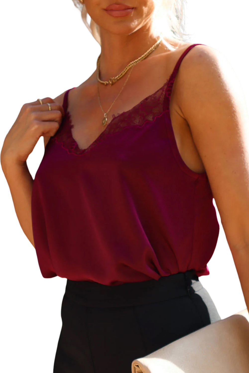 Red Lace Crochet V Neck Spaghetti Strap Satin Tank Top