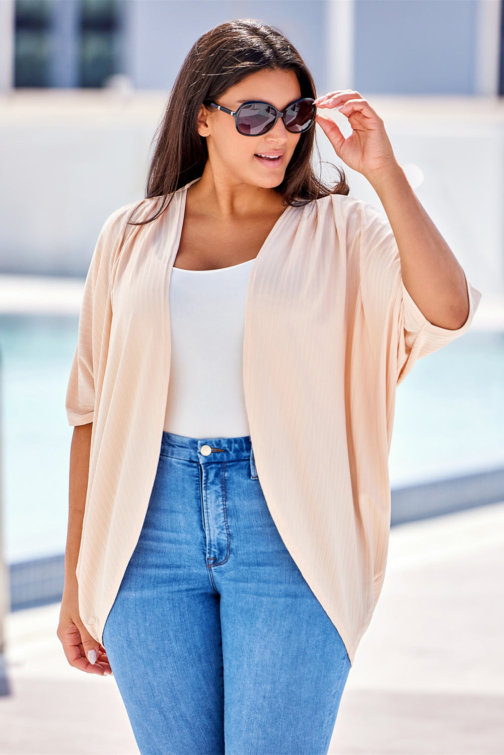 Apricot Shimmer Ribbed Texture Plus Size Cardigan