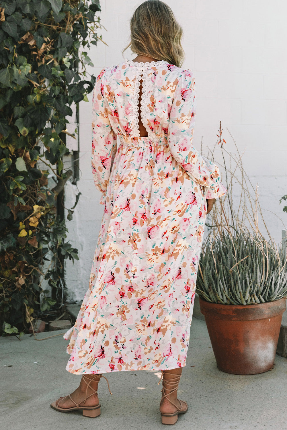 Pink Lace Patchwork Cut Out Back Floral Maxi Dress