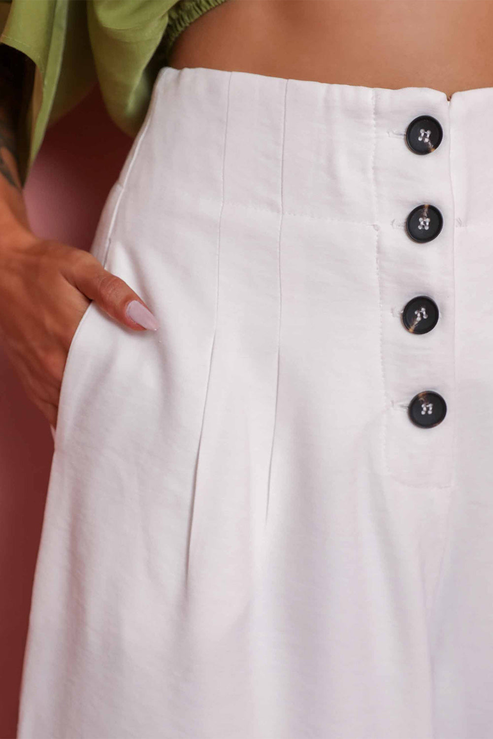 White Buttons Cropped Wide Leg Pants