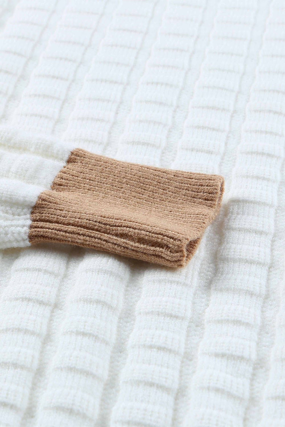 White Textured Knit Contrast Long Sleeve Sweater