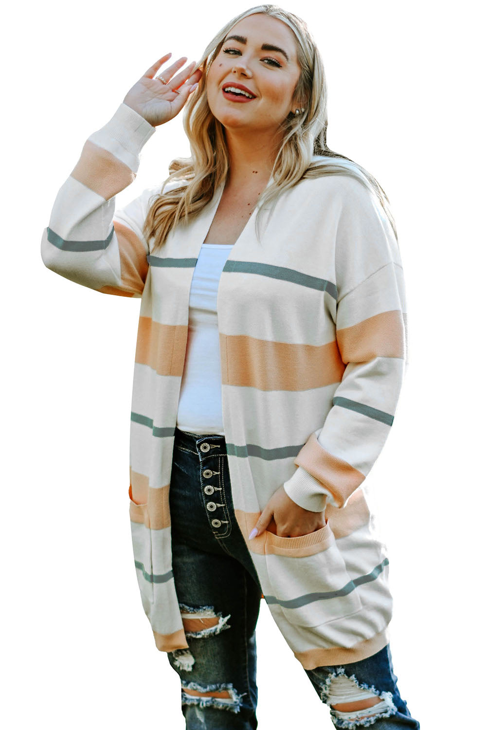 White Striped Knit Side Pockets Plus Size Cardigan