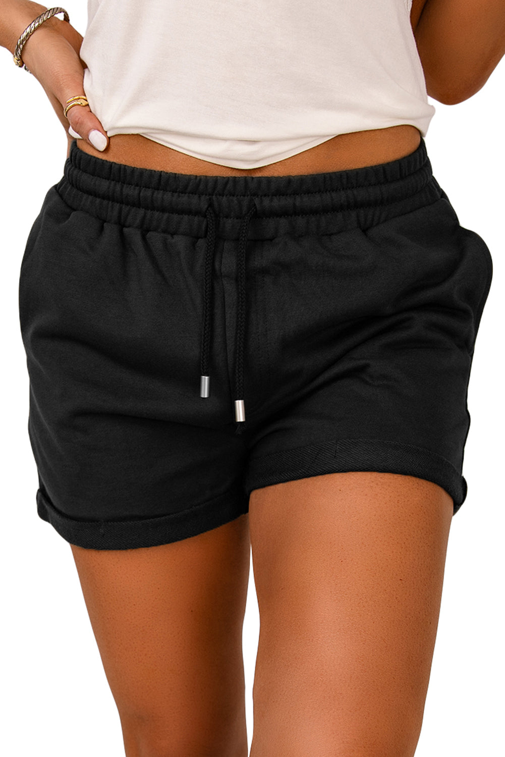 Green Tie Waist Side Pockets Cuffed Lounge Shorts