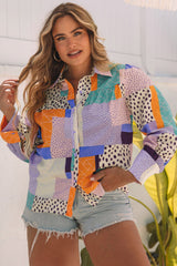 Multicolour Plus Size Mixed Print Buttoned Shirt