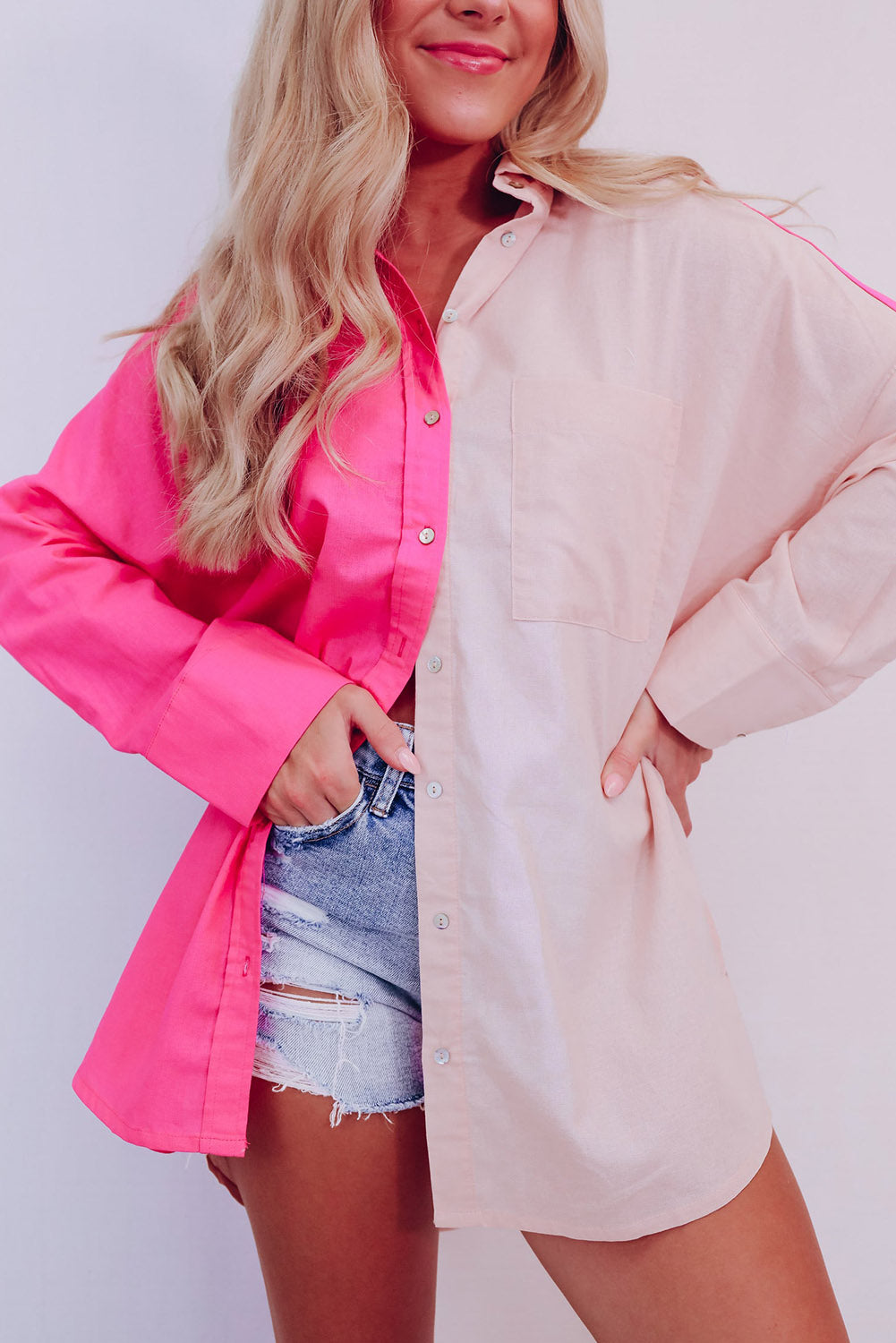 Pink Color Block Patchwork Oversized Shirt