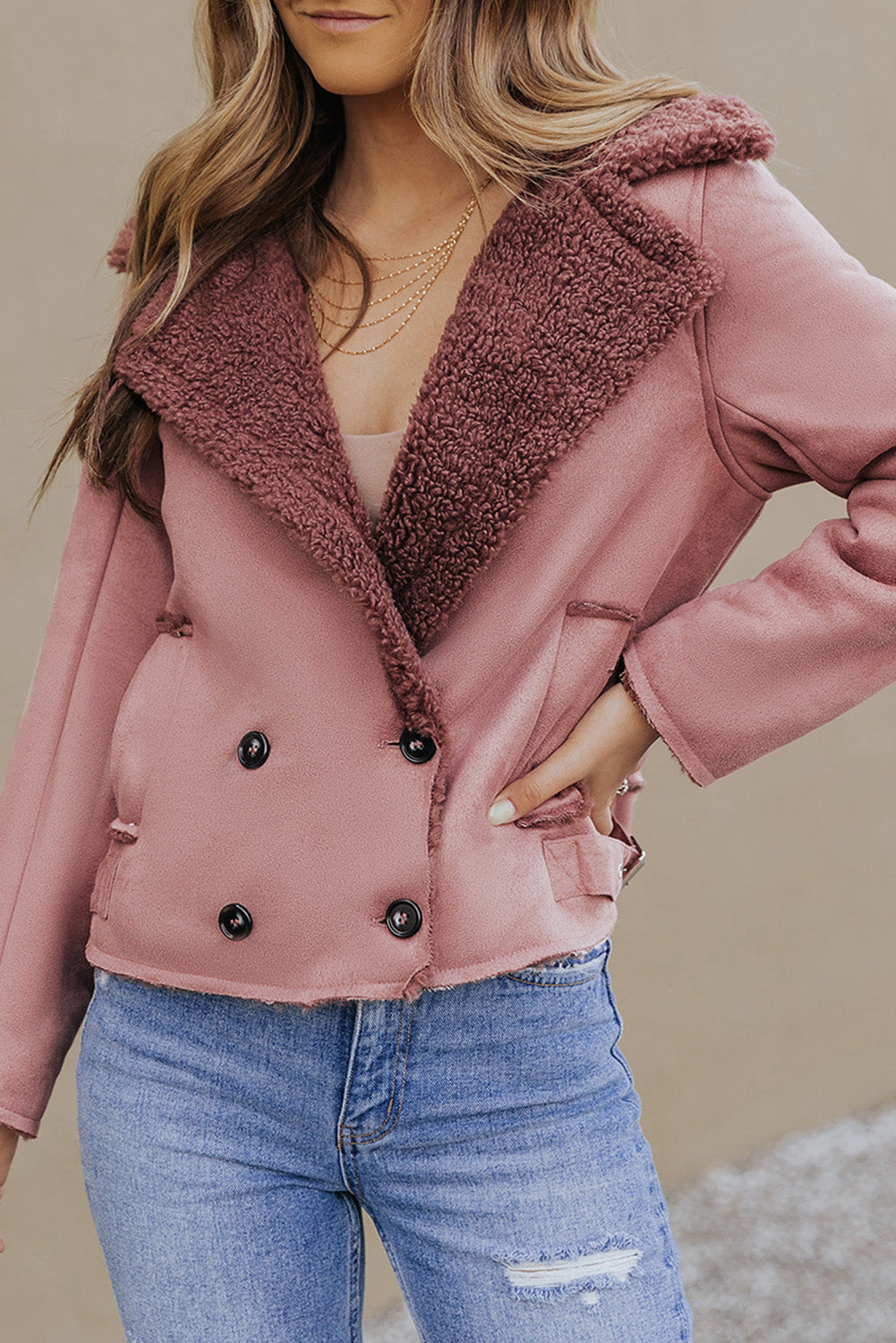 Pink Plush Lining Suede Cropped Double Breasted Coat