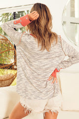 White Irregular Pin Stripe Colorblock Henley Top