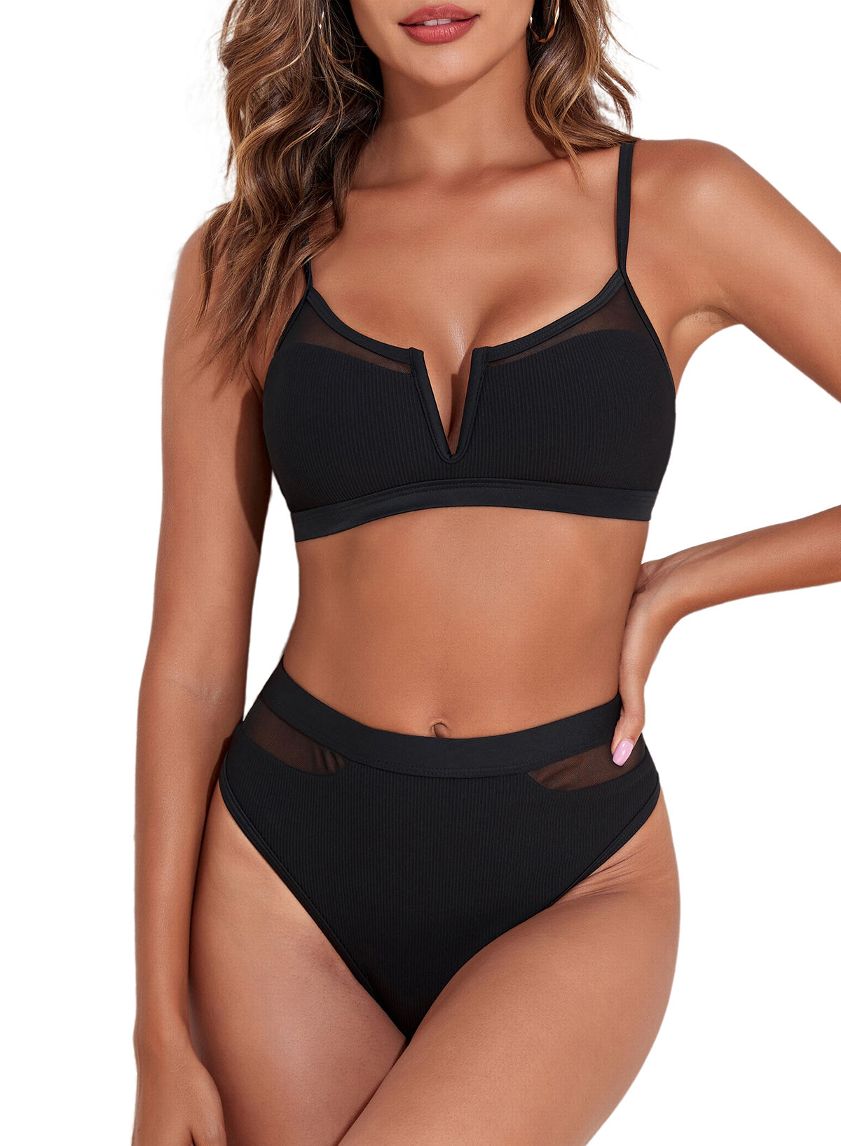 Black Spaghetti Straps Mesh Ribbed Knit Patchwork Bikini