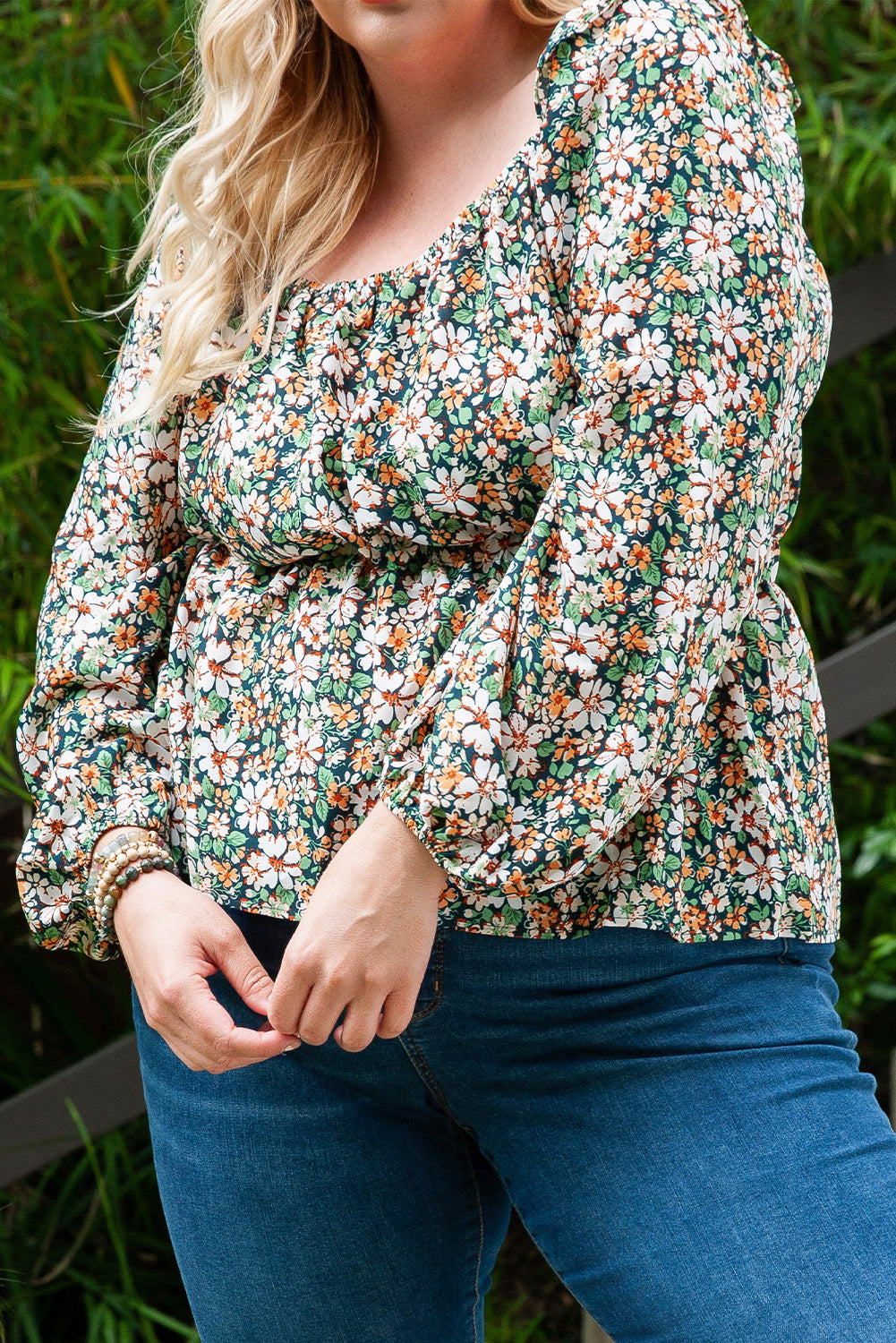 Green Square Neck Floral Plus Size Peplum Top