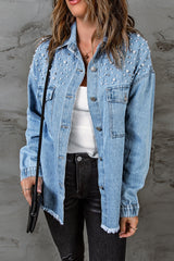 Sky Blue Rhinestone Pearls Denim Shacket