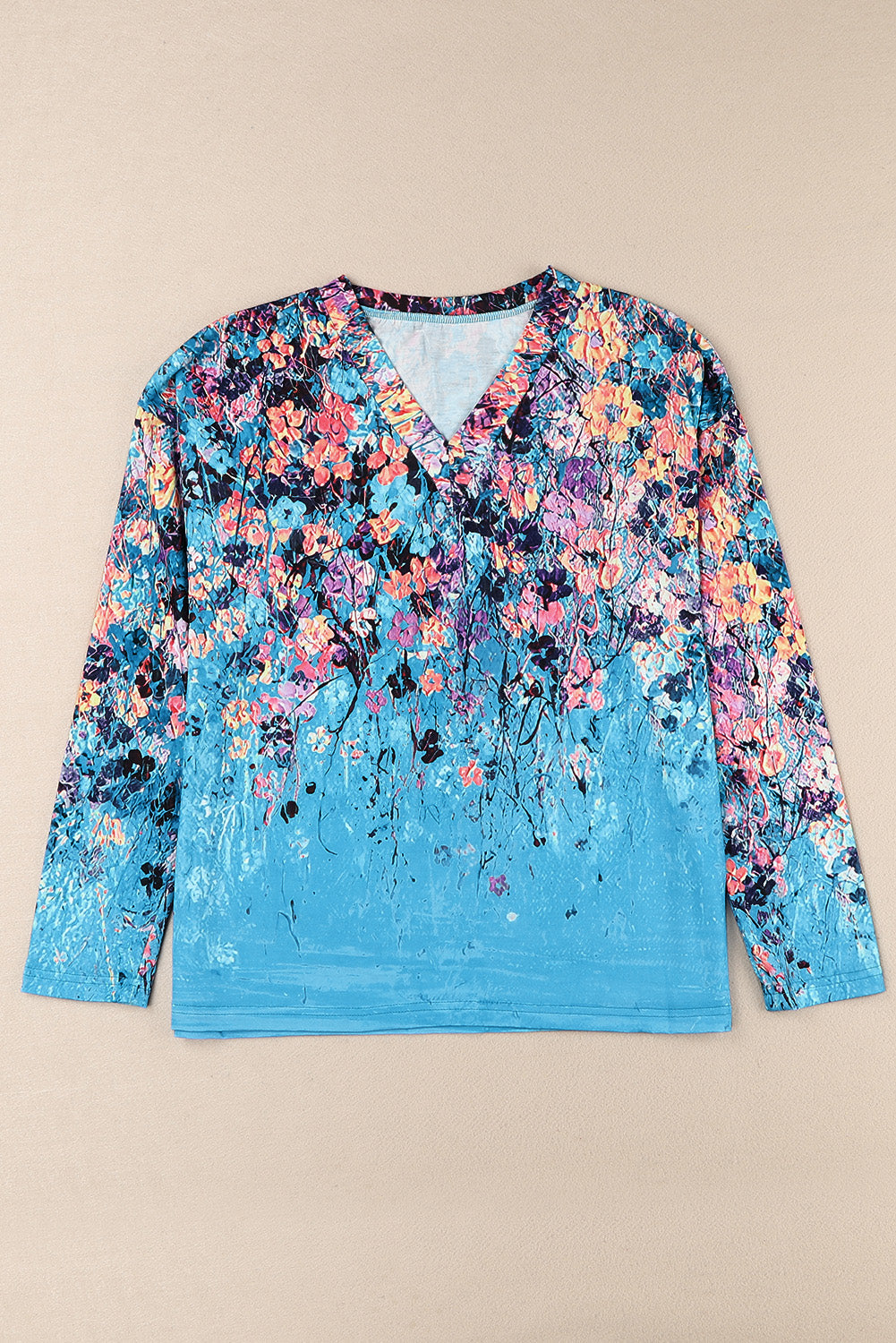 Blue Floral Print V Neck Long Sleeve Top