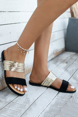 Black Suede Metallic Two Tone Flat Slippers