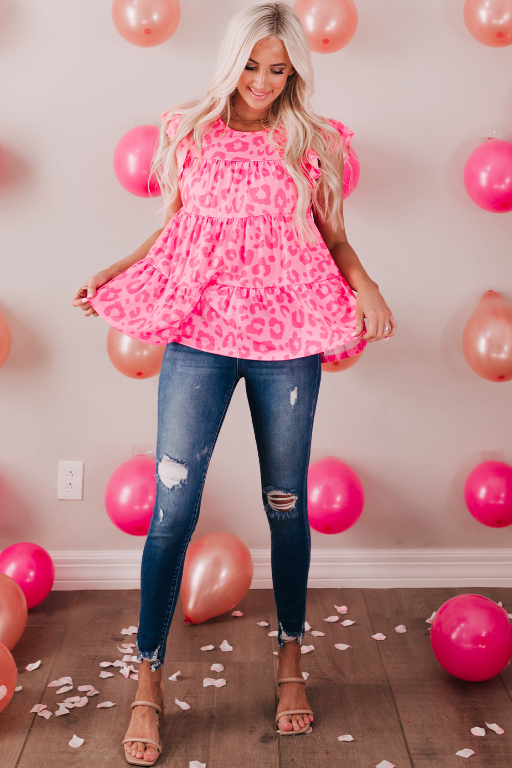 Sky Blue Leopard Print Flutter Sleeve Tiered Tank Top