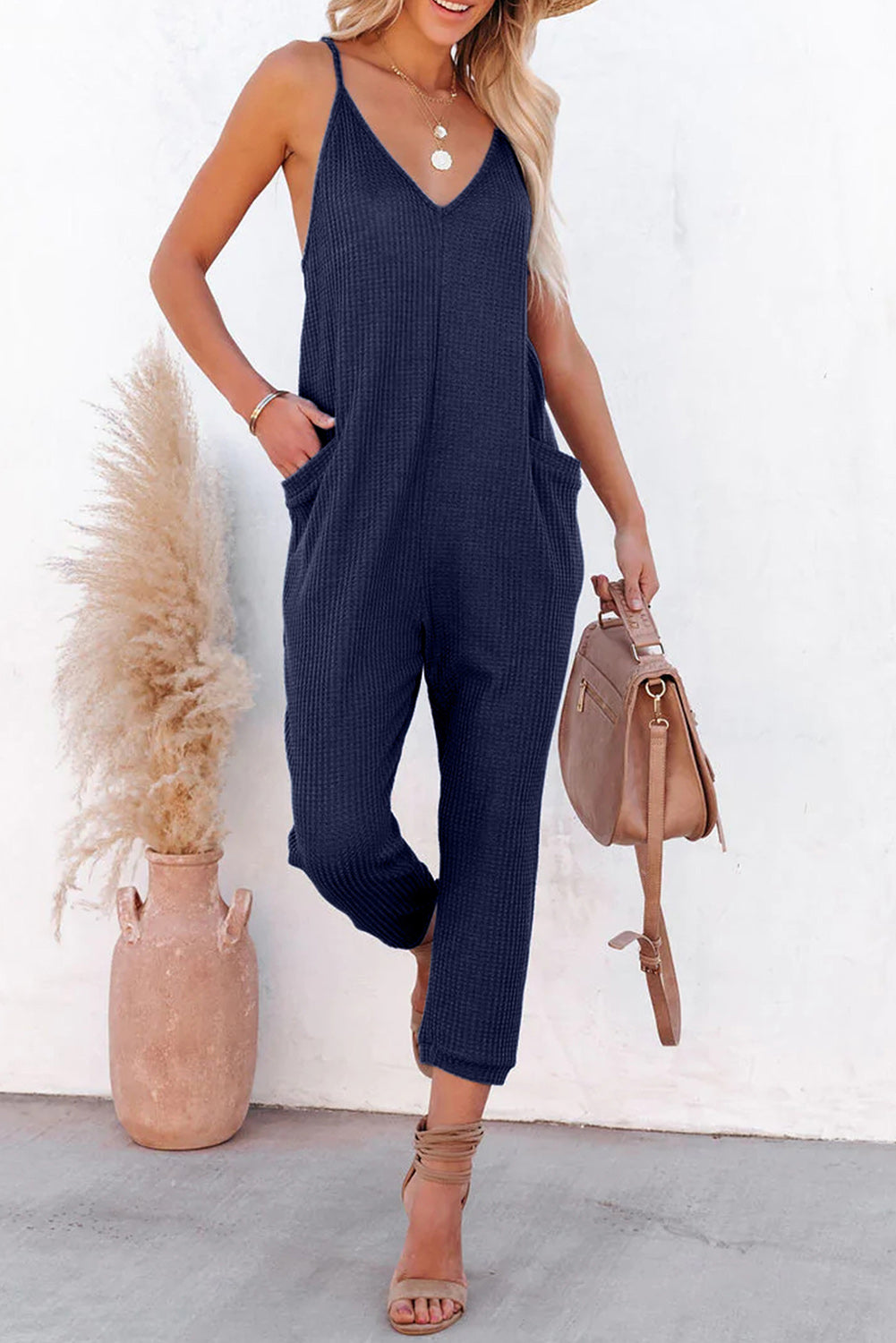 Gray Textured Sleeveless V-Neck Pocketed Casual Jumpsuit