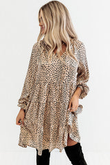 Khaki Leopard Print Ruffled V Neck Long Sleeve Mini Dress