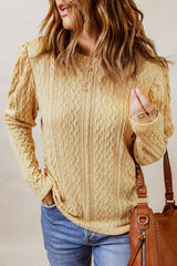 Khaki Solid Color Puffy Sleeve Textured Knit Top