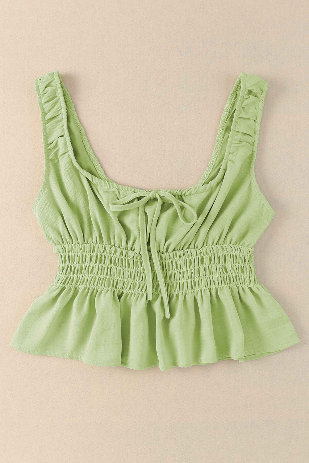 Green Drawstring Ruched Smocked Peplum Tank Top